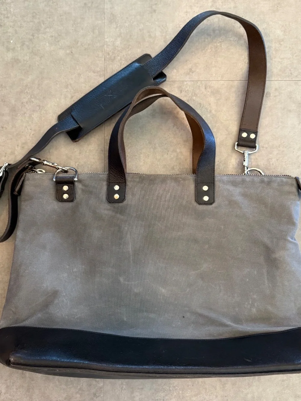 Ernest Alexander Varick gray twill canvas briefcase, dark brown leather
